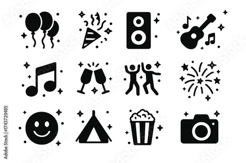 Party Icon Extravaganza. Party Fun. Solid icons set of balloons, confetti, speaker, guitar, music note, clinking glasses, dancing people, fireworks, smiley