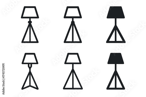 Geometric Lamp Logos. Floor lamp base. Set Logo of geometric base: angular or triangular lamp stand. harmonious logo variations of the same emblematic concept,