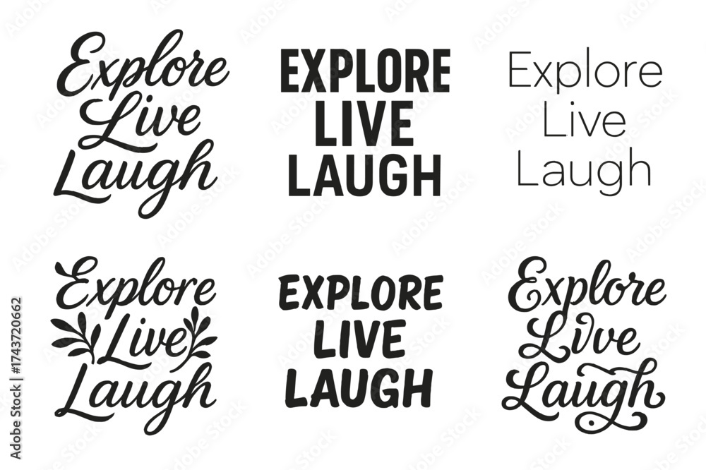 Obraz premium Diverse Lettering Styles. Explore live laugh. Set lettering. harmonious lettering variations of the same emblematic concept (Elegant script with flowing