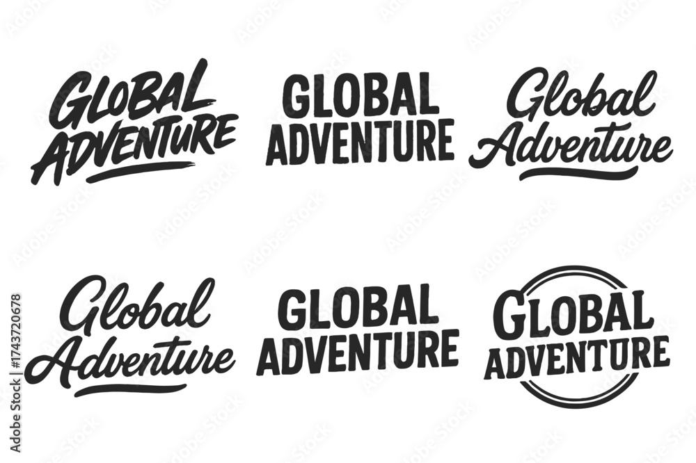 Fototapeta premium Harmonious Lettering Variations. Global adventure. Set lettering. harmonious lettering variations of the same emblematic concept (Dynamic brushstroke graffiti