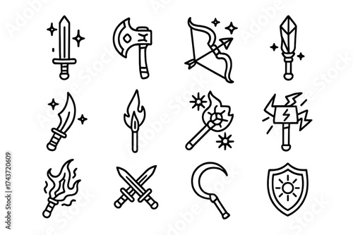 Enchanted Weaponry Icons. Enchanted weapons. Line icon set of Enchanted weapons: glowing sword, rune axe, magical bow, crystal staff, enchanted dagger, fiery