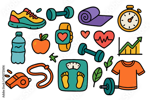 Colorful Fitness Doodle. Fitness. Colorful Hand-drawn doodle Children illustration Running shoe, dumbbell, yoga mat, stopwatch, water bottle, apple,