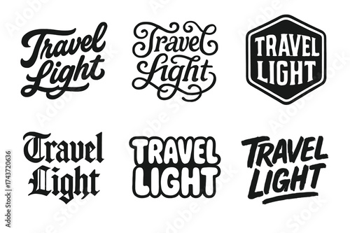 Harmonious Lettering Variations. Travel Light. Set lettering. harmonious lettering variations of the same emblematic concept, each with different artistic