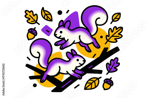 Playful Glowing Squirrels. Playful Squirrels. Two glowing squirrels chasing each other on tree branches, abstract floating acorns and leaves around them.