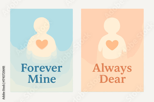 Soulmate Banners. Soulmates. Two vertical A6 banners with safe margins, centered composition, no elements touching edges, pastel style, sky blue and peach, two