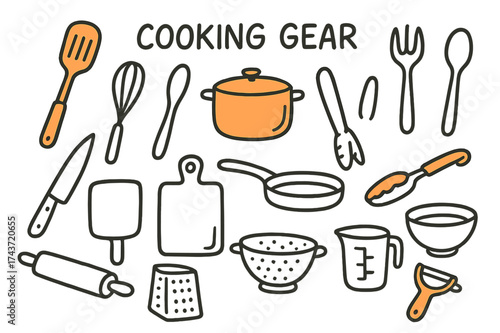Illustrated Cooking Tools. Cooking Gear. Hand-drawn doodle illustration cooking gear spatula (accented), whisk, ladle, spoon, fork (accented), knife, cutting