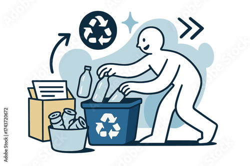 Glowing Recycling Scene. Sorting recyclables in a home. Glowing figure placing bottles into a blue bin while paper and cans wait nearby. Floating icons of