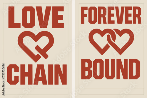 Love Chain Banners. Love Chain. Two vertical A6 banners with safe margins, centered composition, no elements touching edges, brutalist style, red and beige,