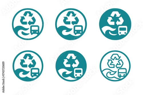 Municipal Service Logos. Municipal services improvement. Set Logo of municipal badge: circular emblem with water, transport, and recycling icons. harmonious