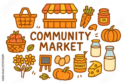 Colorful Market Doodle. Community Market. Hand-drawn doodle illustration of Community Market. Market stall,