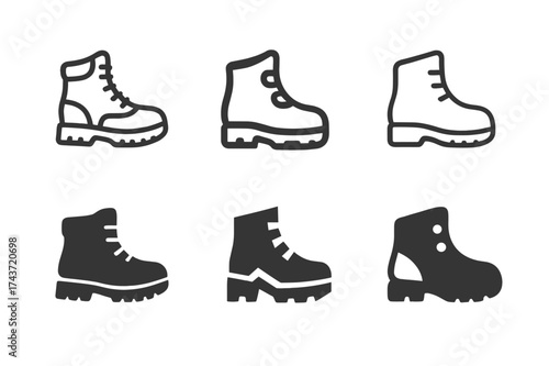 Versatile Hiking Boot Logos. Backpacking Journey. Set Logo of Backpacking Journey: hiking boots. harmonious logo variations of the same emblematic concept,