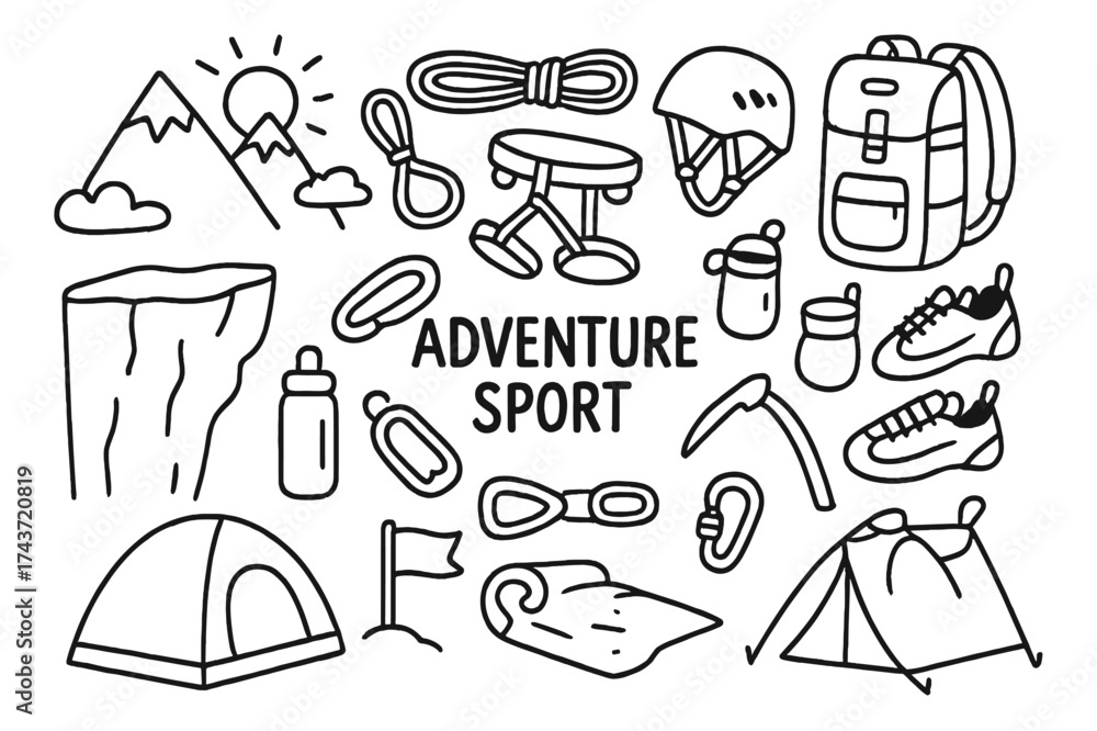 Fototapeta premium Adventure Sport Essentials. Adventure sport. Hand-drawn doodle illustration adventure sport mountain, rope, harness, helmet, backpack, climbing shoes, chalk