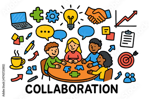 Colorful Collaboration Doodles. Collaboration. Colorful Hand-drawn doodle Children illustration Collaboration people around table, speech bubbles, puzzle
