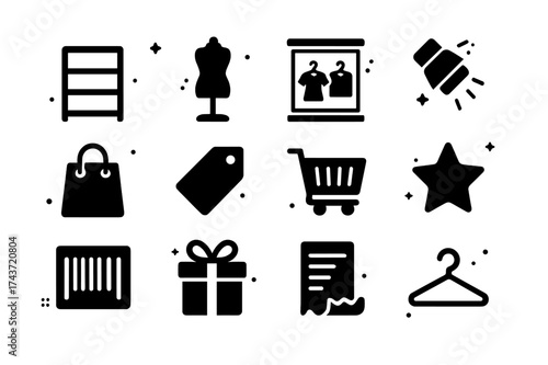 Store Icon Display. Store displays. Solid icons set of Store displays: shelf, mannequin, display window, spotlight, shopping bag, sale tag, cart, star,