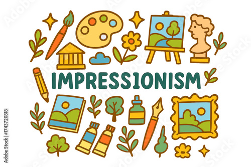 Vibrant Impressionism Doodle. Impressionism. Hand-drawn doodle illustration of Impressionism. Paintbrush,