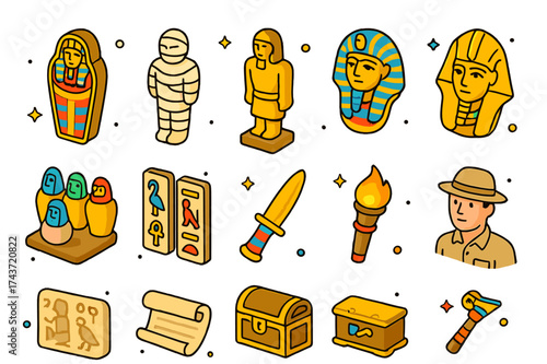 Pharaoh Burial Icons. Pharaoh burial. Colorful isometric vector icons set of pharaoh burial: sarcophagus, mummy, pharaoh statue, burial mask, canopic jars,