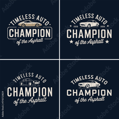 Retro sports car badge set with timeless auto typography, champion of the asphalt vector emblem, vintage racing style logo collection