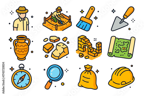 Isometric Archaeology Icons. Excavating ancient ruins. Colorful isometric vector icons set of excavating ancient ruins: archaeologist, excavation site, brush