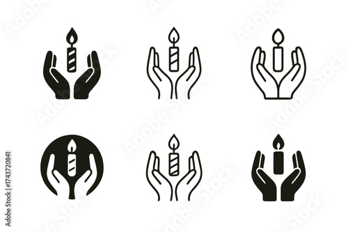 Harmonious Birthday Logos. Birthday candle wish. Set Logo of Celebration: hands making wish. harmonious logo variations of the same emblematic concept, each