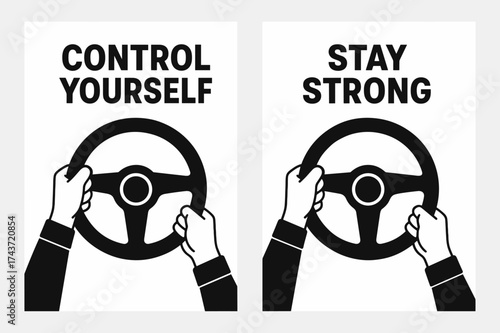 Control and Strength Banners. Motivation. Two vertical A6 banners with safe margins, centered composition, no elements touching edges, flat vector design,