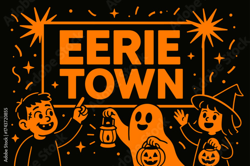 EerieTown Halloween Banner. EerieTown banner, flat vector illustration, bold oversized text inside rectangular frame, cartoon characters pointing and waving at
