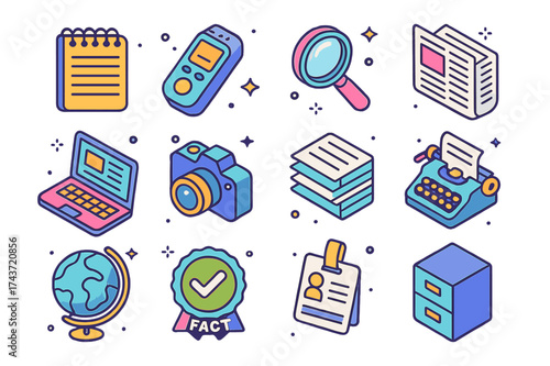 Journalistic Tools Icons. Journalistic Research. Colorful isometric vector icons set of Journalistic Research: notebook, voice recorder, magnifying glass,