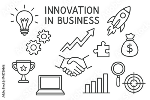 Business Innovation Icons. Innovation in business. Hand-drawn doodle illustration innovation in business bulb spark, graph arrow, rocket blast, gears, puzzle