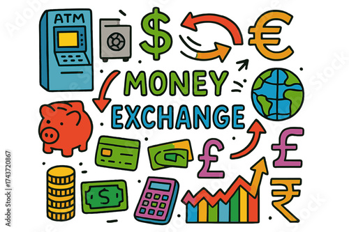 Colorful Money Exchange Doodles. Money Exchange. Colorful Hand-drawn doodle Children illustration Money Exchange exchange arrows, dollar sign, euro sign, yen