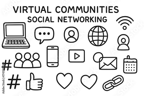 Virtual Community Icons. The growth of virtual communities and social networking. Hand-drawn doodle illustration virtual communities and social networking