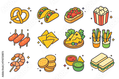 Colorful Party Snack Icons. Party snacks. Colorful isometric vector icons set of party snacks: pretzels, mini tacos, bruschetta, popcorn, cocktail sausages,