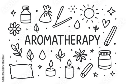 Aromatherapy Doodle Art. Aromatherapy. Hand-drawn doodle illustration of Aromatherapy. Essential oil bottle,