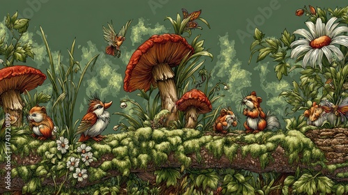 Whimsical forest scene with mushrooms birds and small animals in a detailed illustration