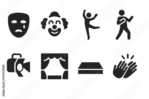Physical Theater Icons. Physical theater. Filled icon set of Physical theater: mime mask, clown face, dancer,