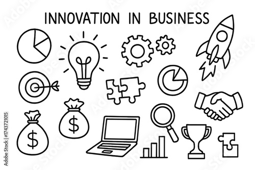 Business Innovation Icons. Innovation in business. Hand-drawn doodle illustration innovation in business light bulb spark, gears working, rocket launch, pie