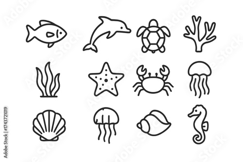 Ocean Life Icons. Ocean life. Line icon set of ocean life: fish, dolphin, turtle, coral, seaweed, starfish, crab, jellyfish, shell, seahorse. All outline icons