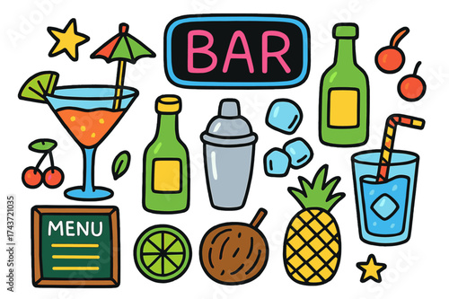 Colorful Bar Icons. Bar. Colorful Hand-drawn doodle Children illustration Cocktail glass, shaker, bottle, straw, umbrella, lime slice, ice cubes, cherries,
