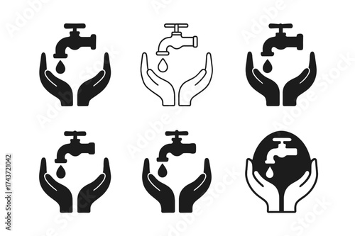 Environmental Justice Logos. Environmental justice. Set Logo of Environmental justice: Clean water tap with droplet and hands. harmonious logo variations of