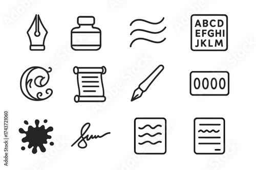 Calligraphy Icon Set. Calligraphy. Line icon set of Calligraphy: calligraphy pen, ink bottle, stroke lines, alphabet sheet, decorative letter, scroll with