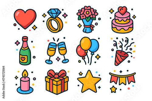 Love Party Icons. Love Party. Colorful isometric vector icons set of love party: heart, engagement ring, bouquet, cake, champagne bottle, glasses, balloons,