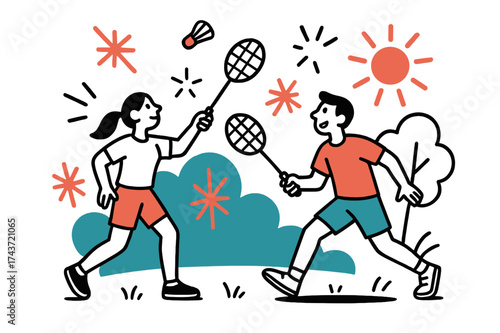 Vibrant Badminton Play. Outdoor Fun. A glowing casual badminton game in a park, abstract floating spark and sun shapes symbolizing joy and leisure. Modern