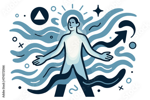 Spiritual Energy Transformation. Energy enlightenment. Glowing figure surrounded by abstract floating geometric light and energy waves, emphasizing
