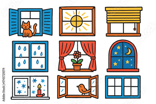 Colorful Window Scenes. Windows. Colorful Hand-drawn doodle Children illustration Window frame, shutters, curtain, blinds, open window, closed
