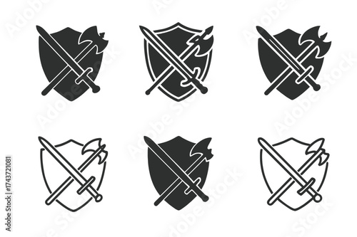 Antique Weapon Logos. Antique Weapons. Set Logo of Antique Weapons: knight?s shield. harmonious logo variations of the same emblematic concept, each with