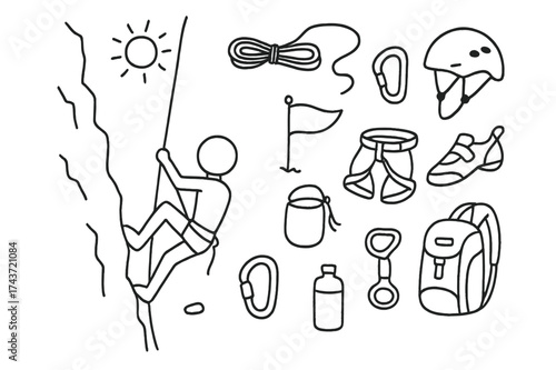 Rock Climbing Essentials. Rock climbing. Hand-drawn doodle illustration rock climbing climber, rope, harness, carabiner, helmet, climbing shoes, chalk bag,
