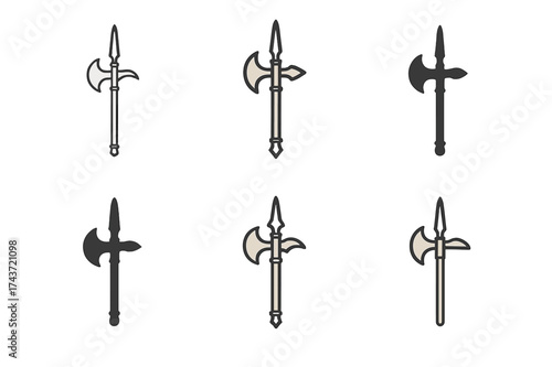 Antique Halberd Logos. Antique Weapons. Set Logo of Antique Weapons: halberd. harmonious logo variations of the same emblematic concept, each with different