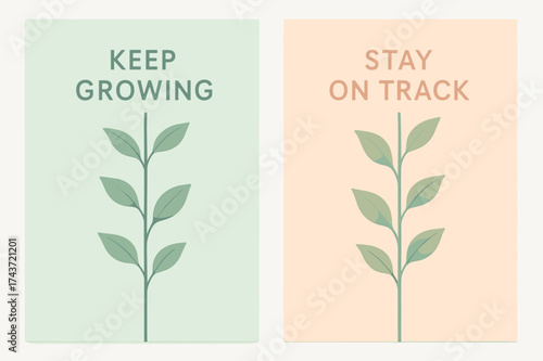 Growing Plant Banners. Growth. Two vertical A6 banners with safe margins, centered composition, no elements touching edges, pastel style, mint and peach, plant