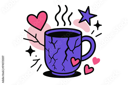 Chipped Mug Resilience. Broken yet loved. A chipped mug glowing with steam, abstract hearts, stars, and cracks highlighted as symbols of resilience and beauty.