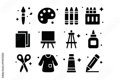 Art Supplies Icons. Art Supplies. Solid icons set of Art Supplies: Paintbrush, Palette, Crayons, Markers, Paper, Canvas, Easel, Glue, Scissors, Smock, Paint