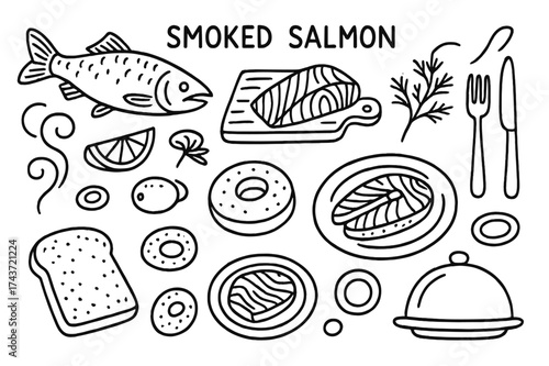Smoked Salmon Doodle Art. Smoked salmon. Hand-drawn doodle illustration smoked salmon fish, fillet slice, lemon, dill, fork, knife, cutting board, plate,