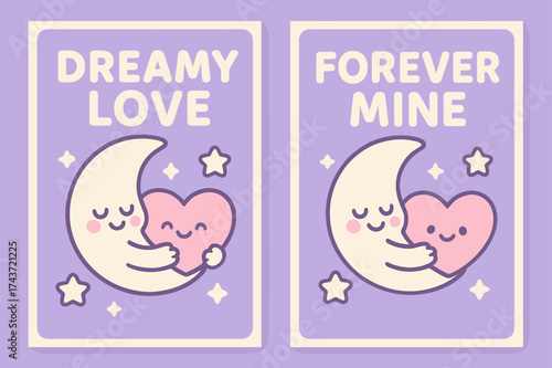 Dreamy Love Banners. Love. Two vertical A6 banners with safe margins, centered composition, no elements touching edges, kawaii style, lavender and cream,